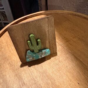 Wooden Cactus Decor with Turquoise Accent